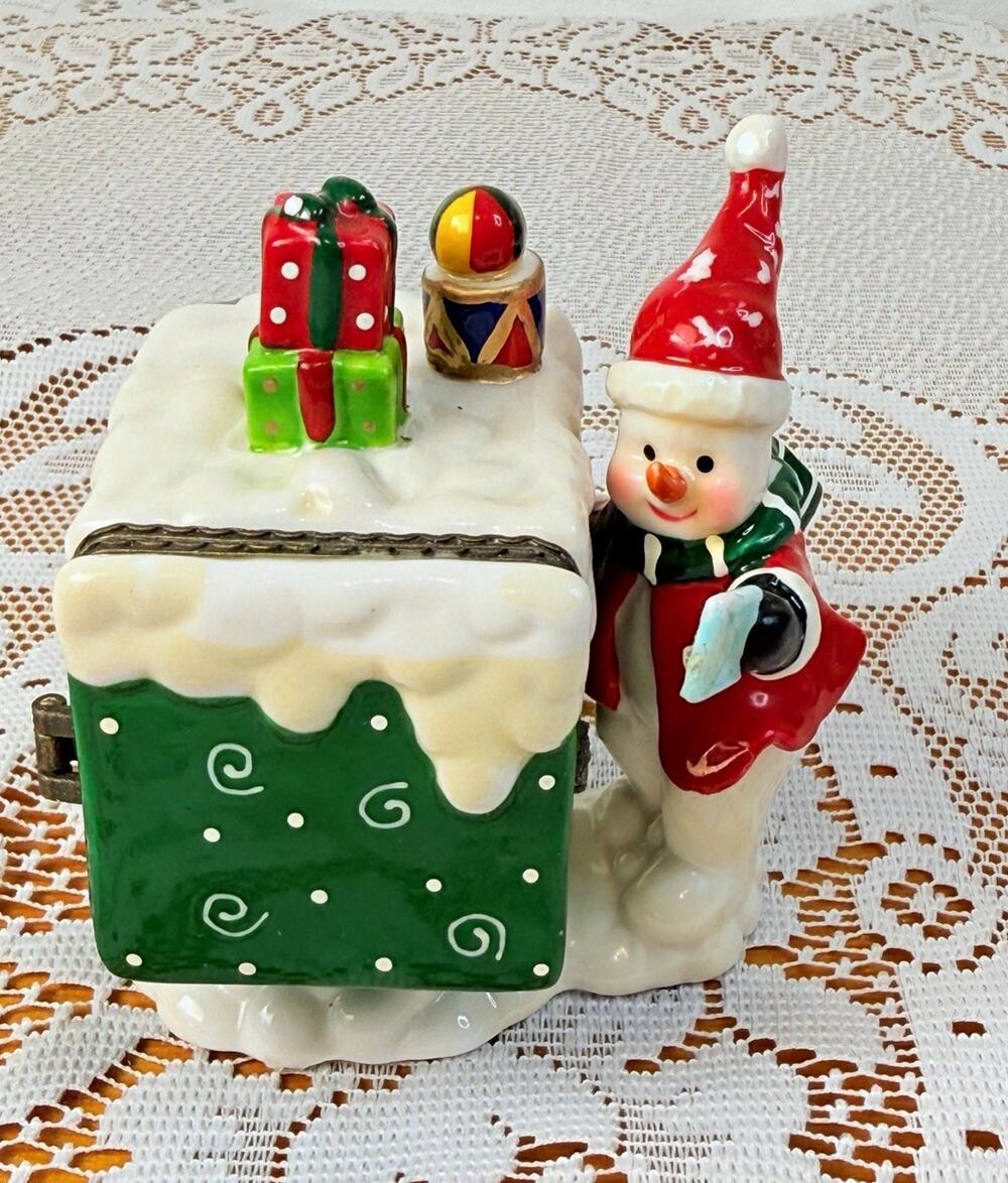 GANZ Christmas Snowman Hinged Ceramic Trinket Box Small Square Polka Dot- read